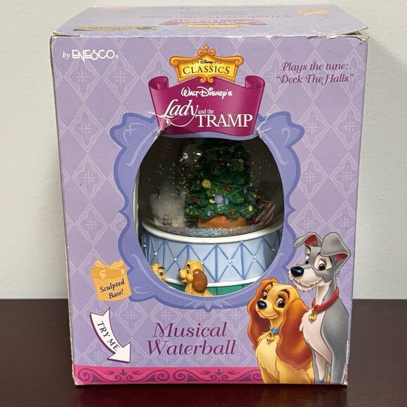 Disney Lady & The Tramp Dog Christmas Tree Deck Halls Musical Water Globe - Picture 9 of 17